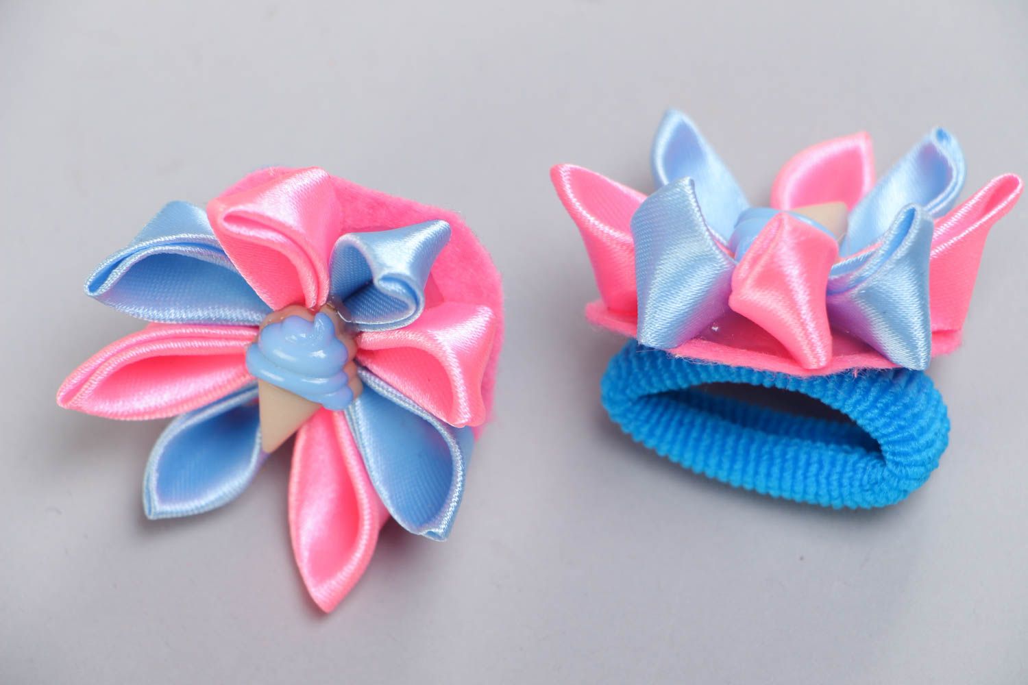 Set of 2 handmade hair ties with satin ribbon flowers of pink and blue colors photo 3