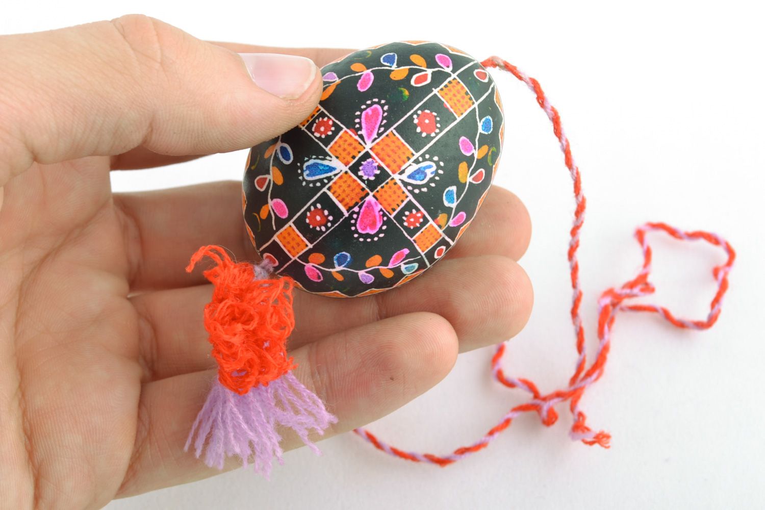 Bright hanging Easter egg with handmade painting and tassel for interior decor photo 2