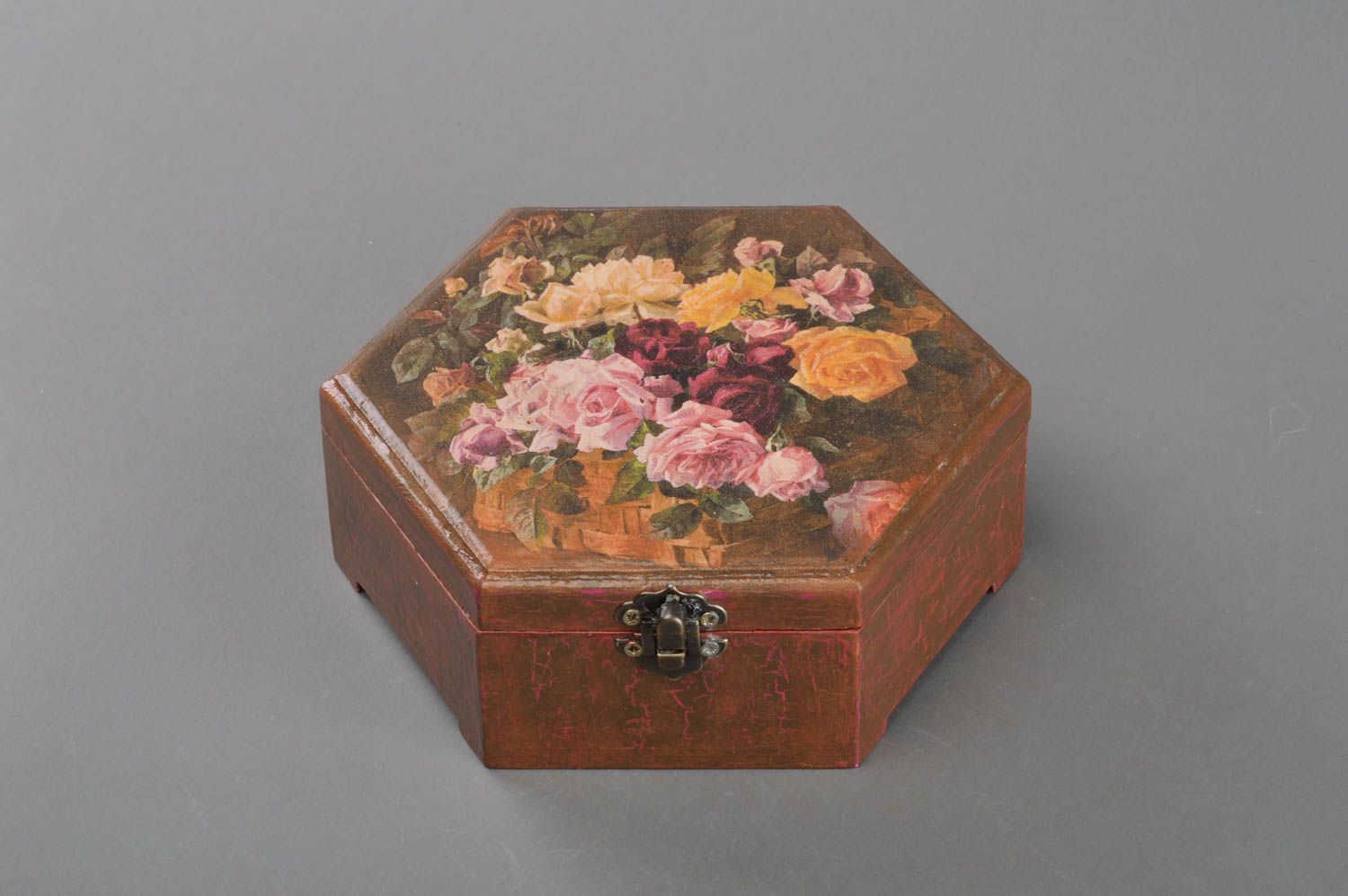 Handmade octagonal wooden decoupage decorative jewelry box with metal lock photo 1