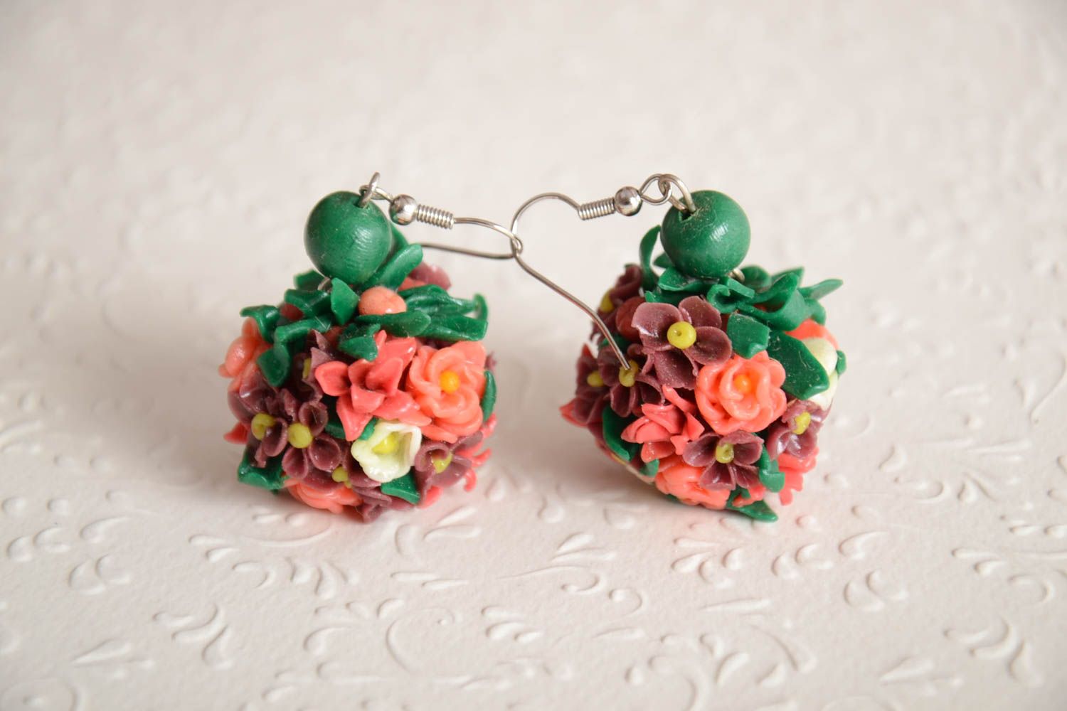 Handmade festive earrings flower ball accessories earrings made of polymer clay photo 1