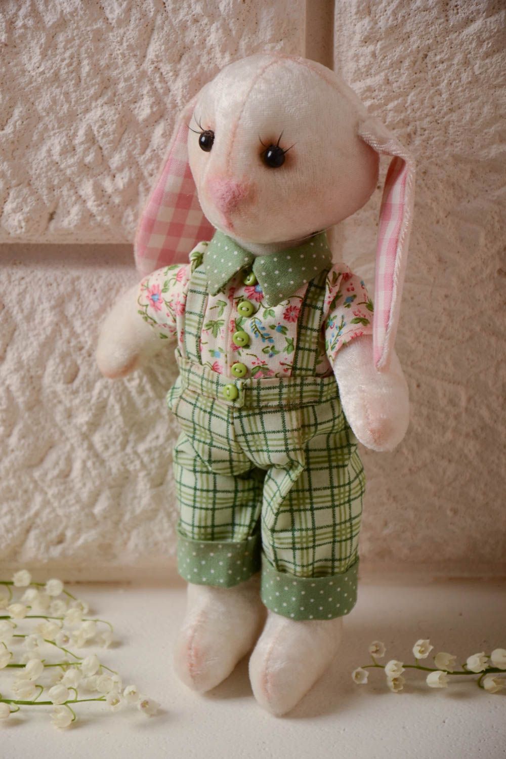 Handmade plush toy rabbit with movable paws in green trousers and floral shirt photo 1