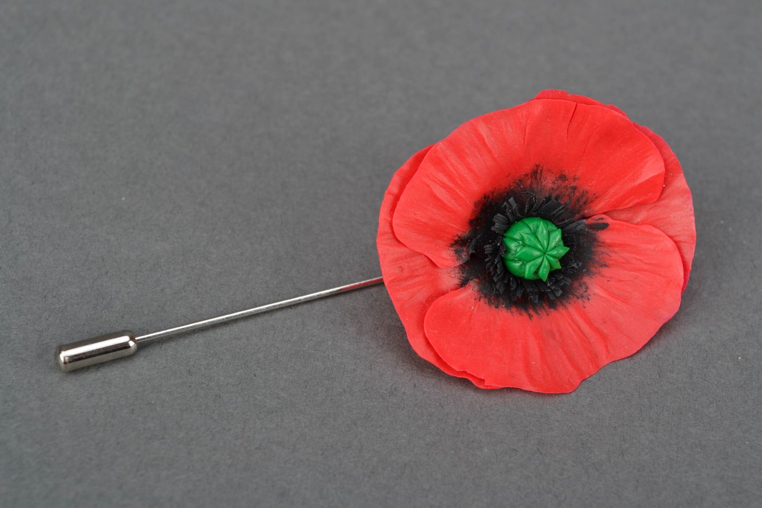 Polymer clay hair pin-brooch in the shape of poppy flower photo 3