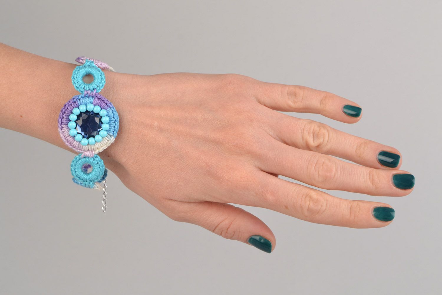 Handmade wrist bracelet woven of cotton threads and rhinestones in blue color photo 2