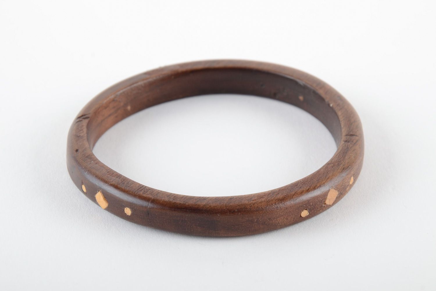 Thin dark handmade varnished wooden wrist bracelet with inlay for women photo 4