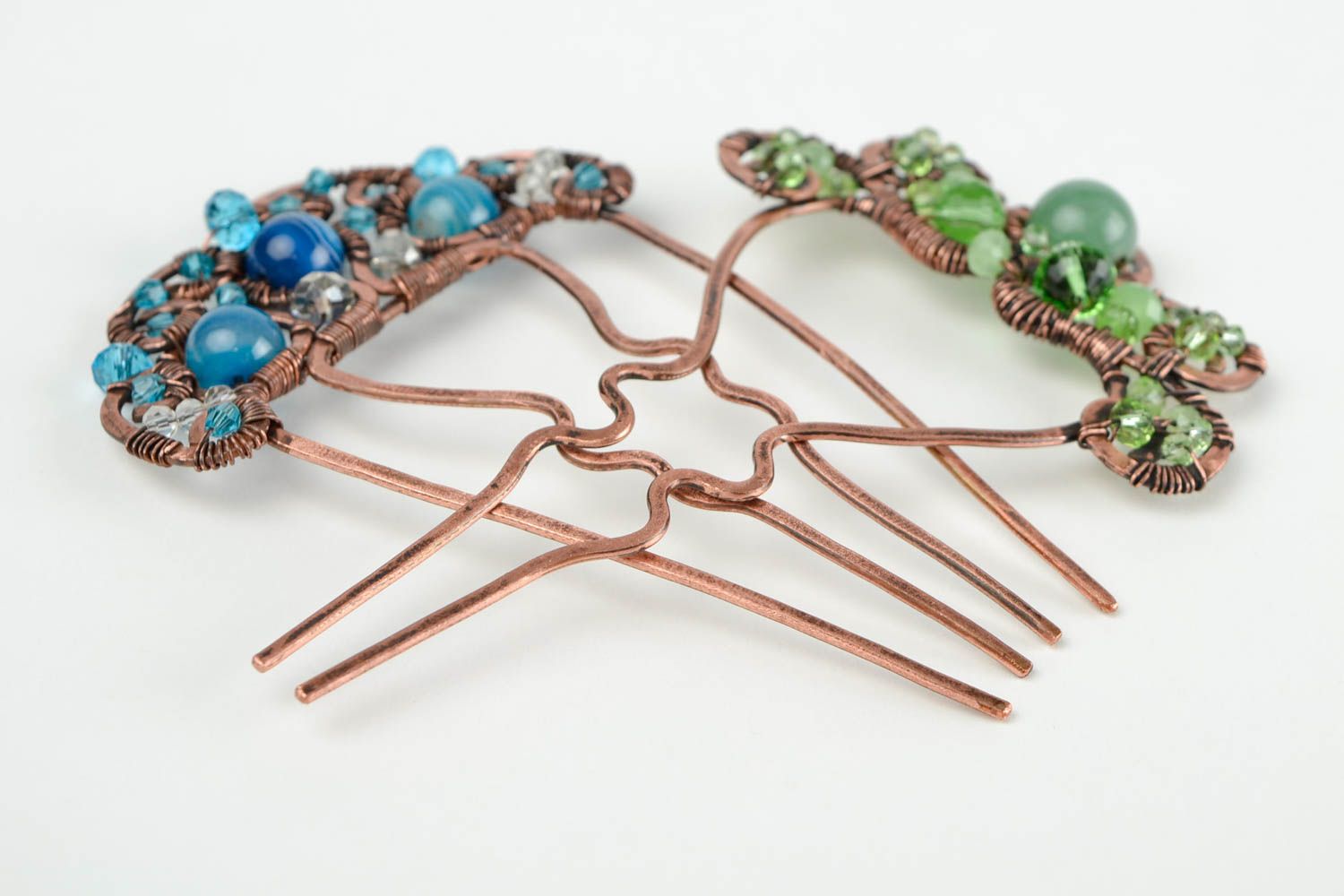 Handmade 2 Haarspangen mit Perlen blau grün Kupfer Schmuck Accessoires für Haare foto 5