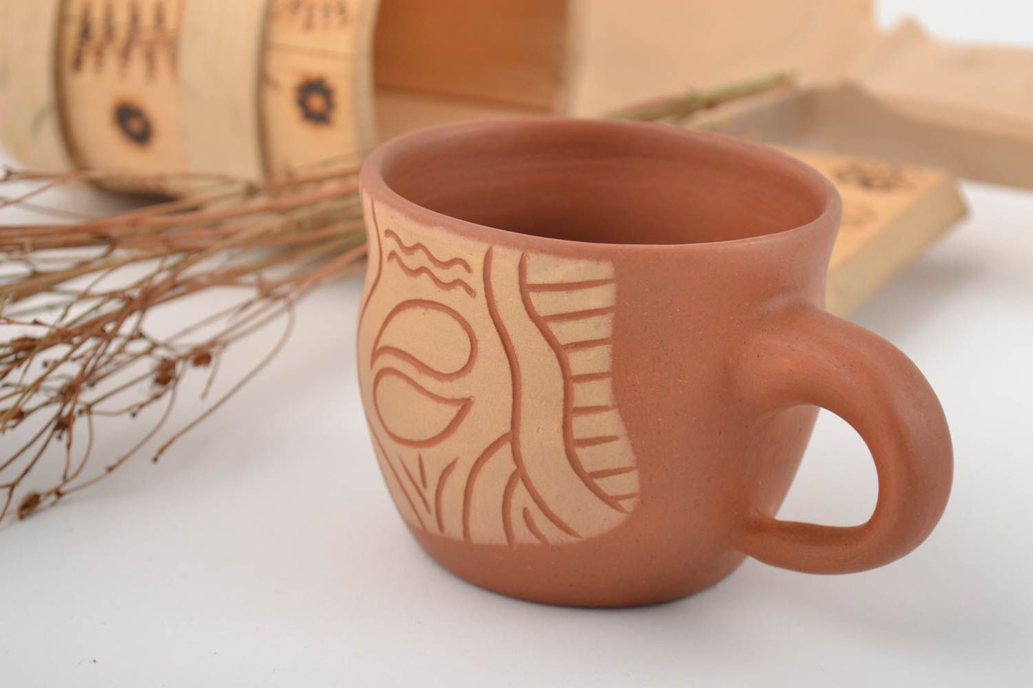 8 oz clay coffee cup with handle and handmade pattern 0,32 lb photo 1