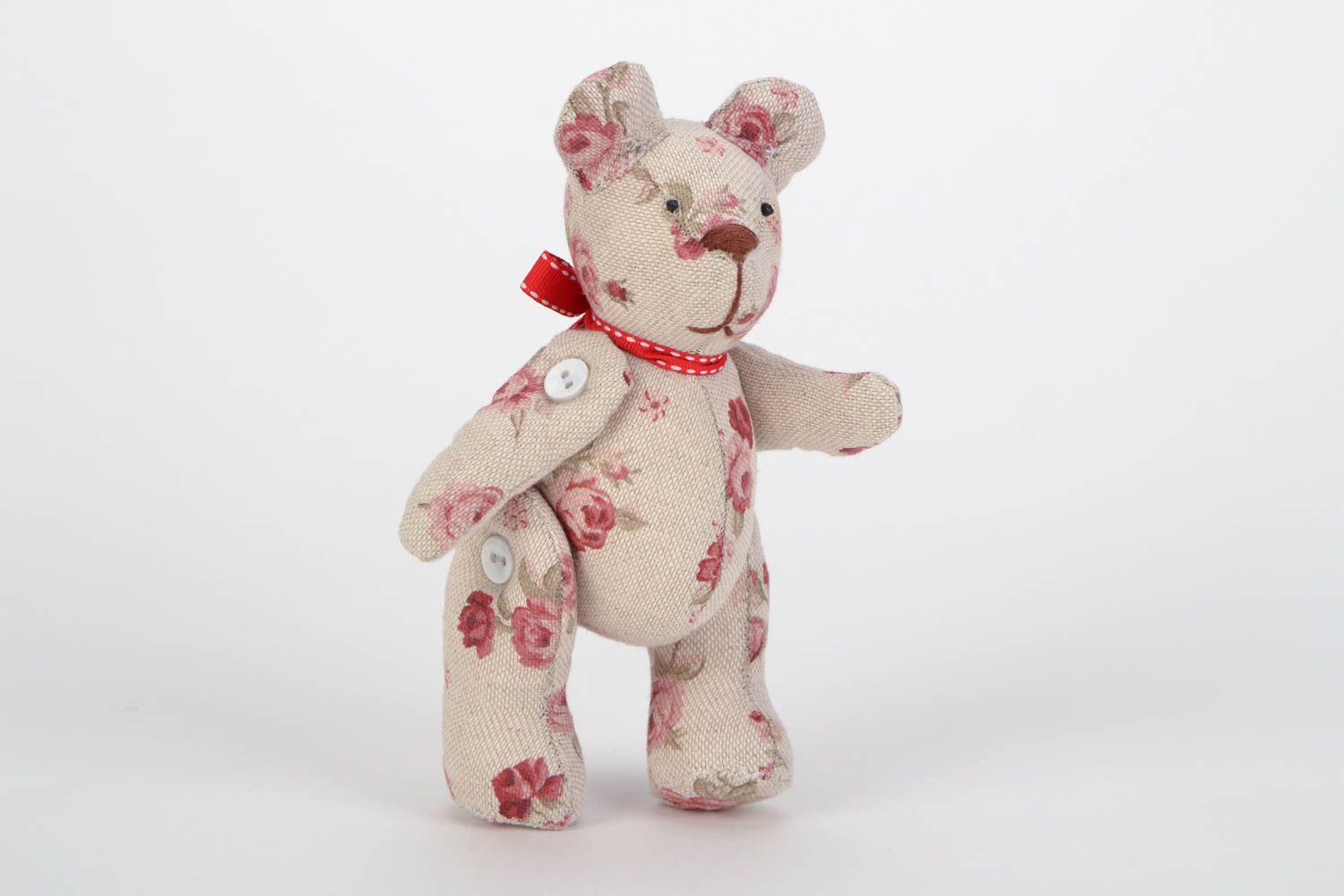 Handmade light fabric soft toy bear with flower print photo 3