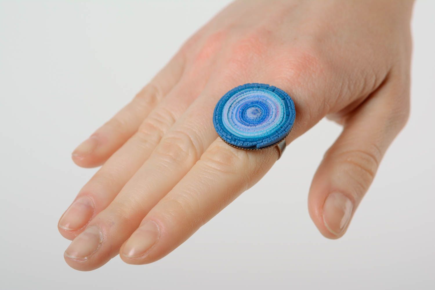 Unusual large handmade blue polymer clay ring for women photo 2