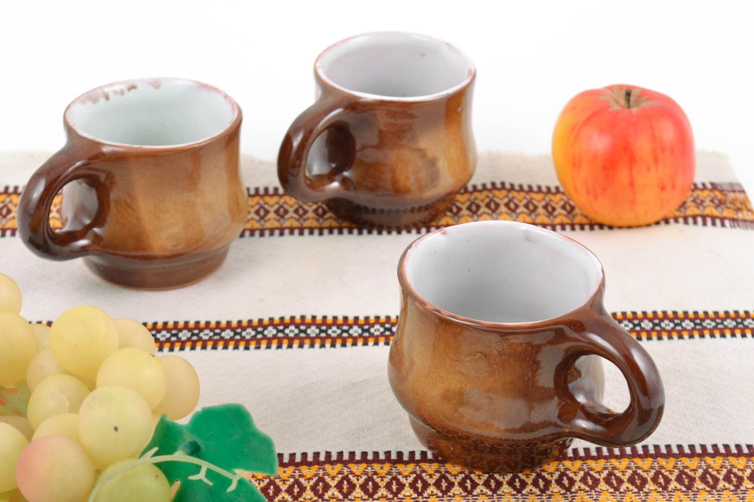 Handmade brown glazed clay cups set 3 pieces 150 ml eco kitchenware photo 1