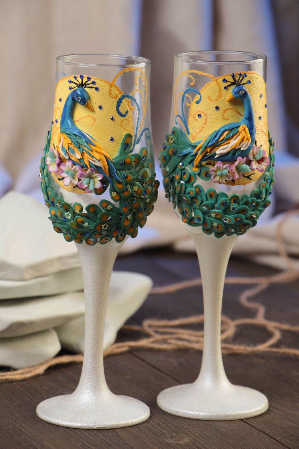 Handmade 2 decorative painted wedding champagne glasses with molded elements photo 1