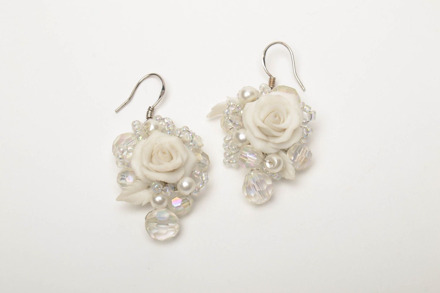 Polymer clay flower earrings with beads White Roses photo 2