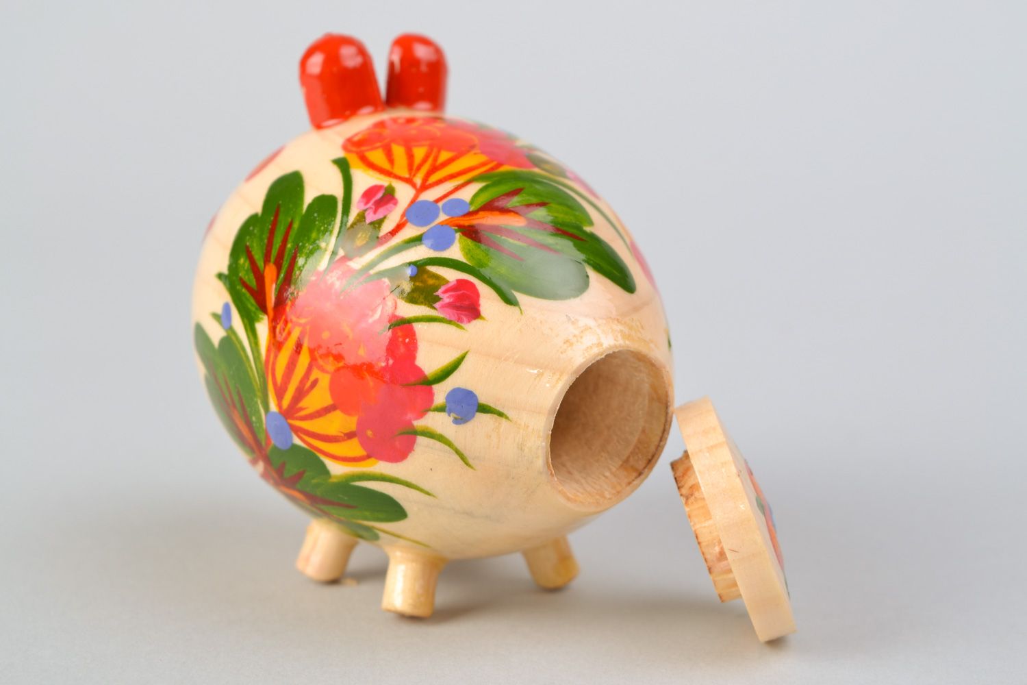 Handmade wooden salt cellar in the shape of pig painted in Petrikivka style photo 5