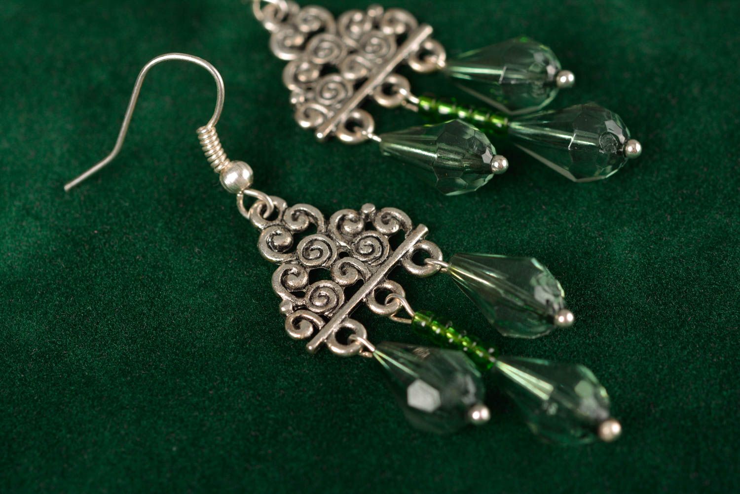Metal earrings with green glass beads handmade jewelry in oriental style photo 4