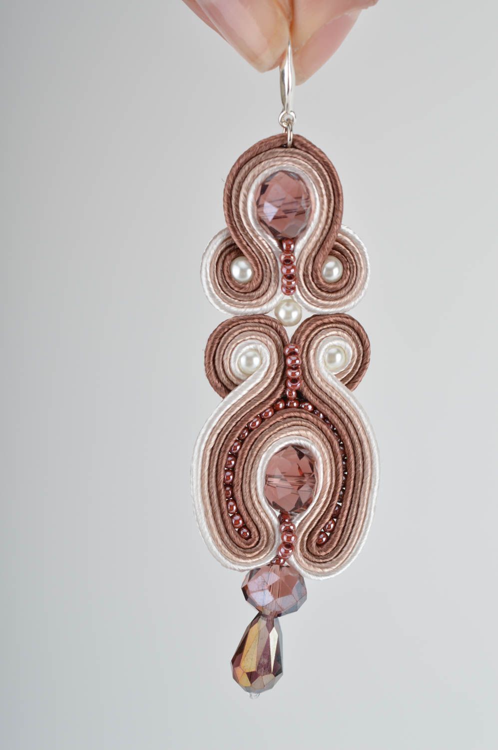 Beautiful handmade long soutache earrings with beads and crystals photo 3