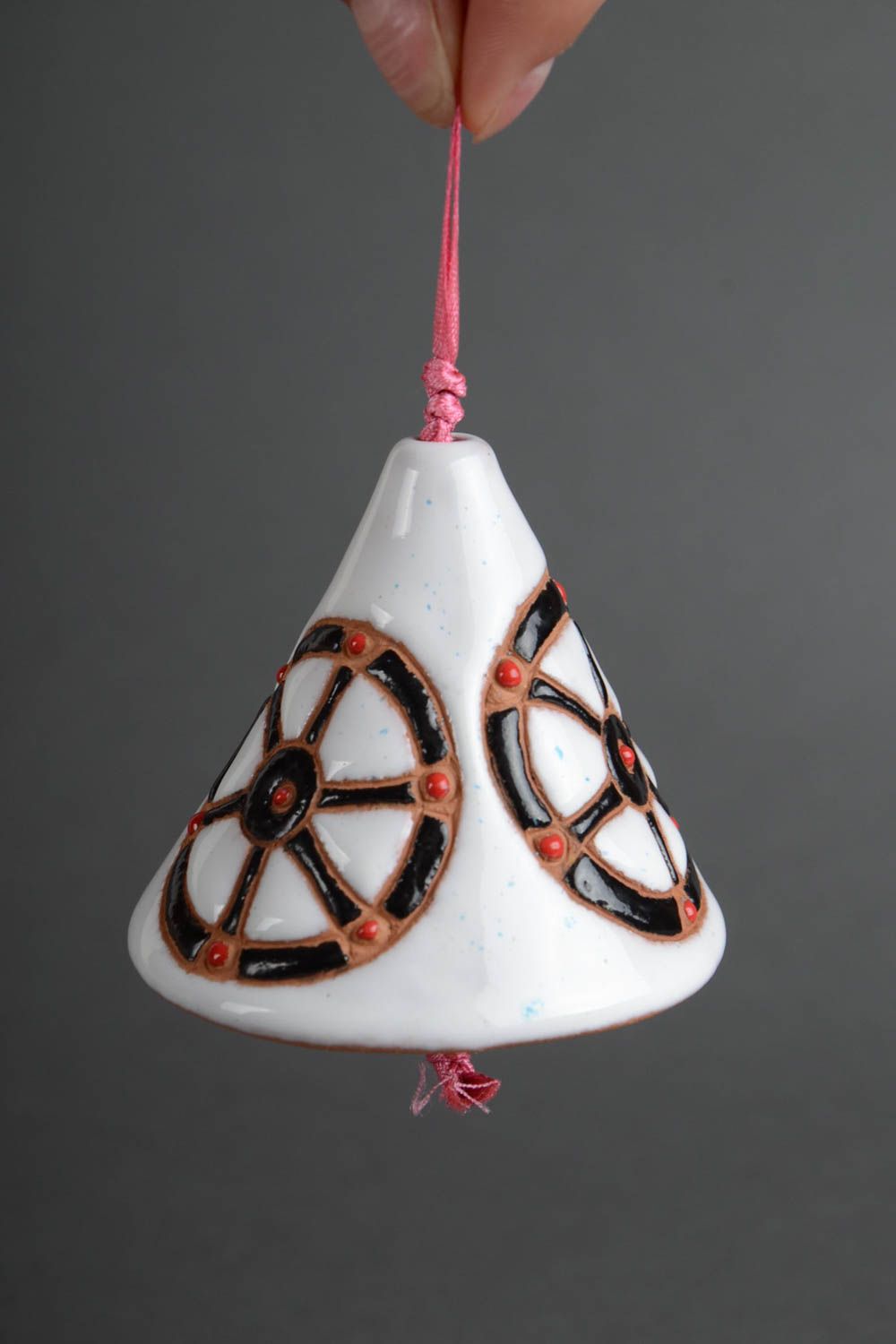 Handmade ceramic white decorative bell painted with enamel and glaze Wheels photo 4