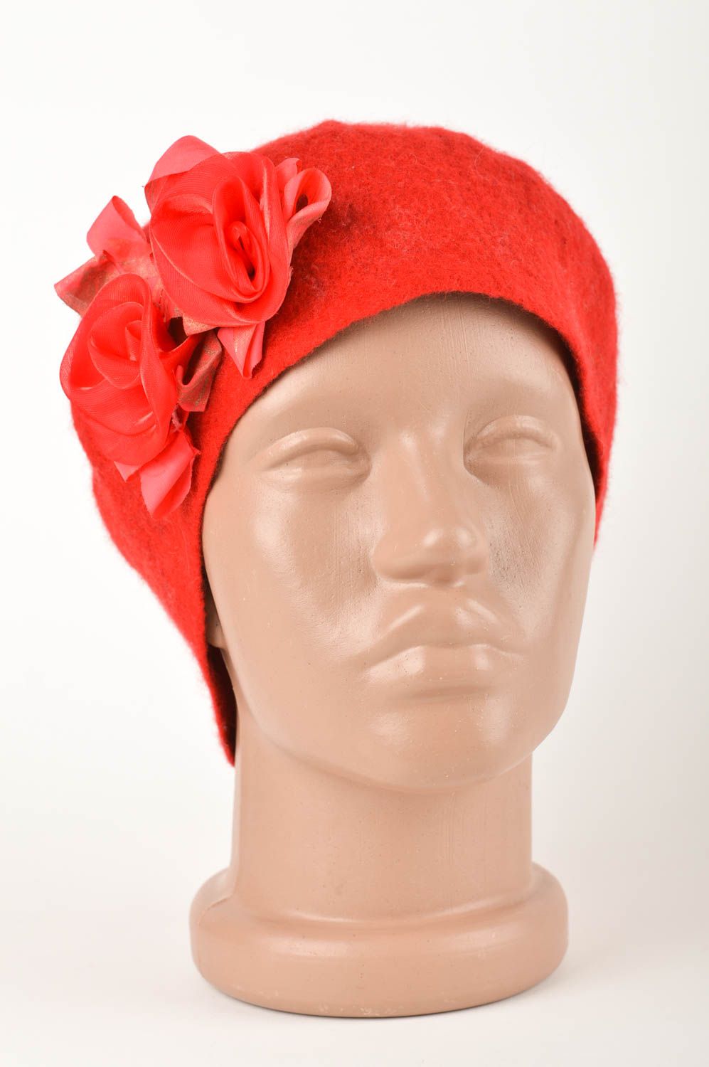 Handmade beautiful headwear stylish womens beret unusual woolen red cap photo 1