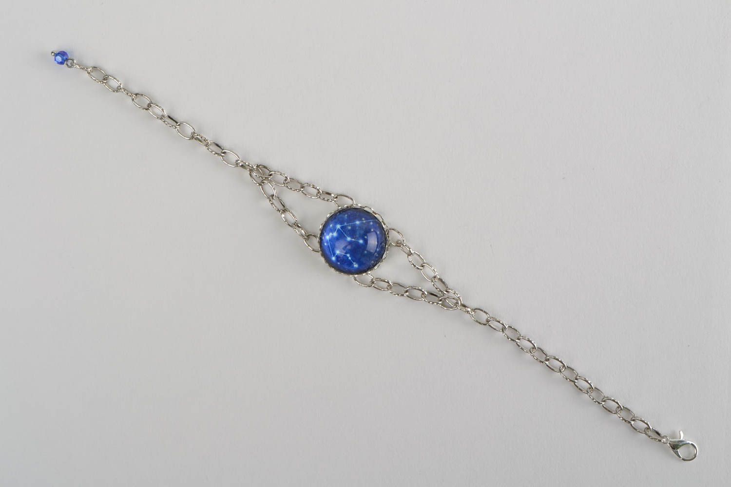 Bracelet chaîne métallique avec verre bleu fait main taille réglable Verseau photo 3
