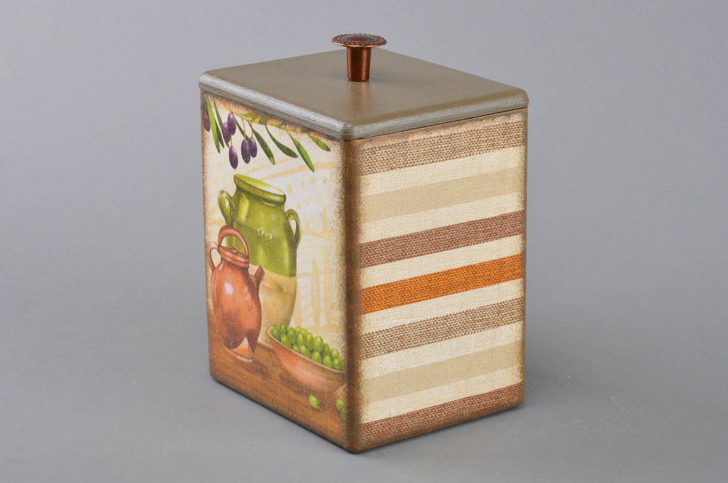 Handmade plywood rectangular cute decoupage box for dry goods with lid photo 2