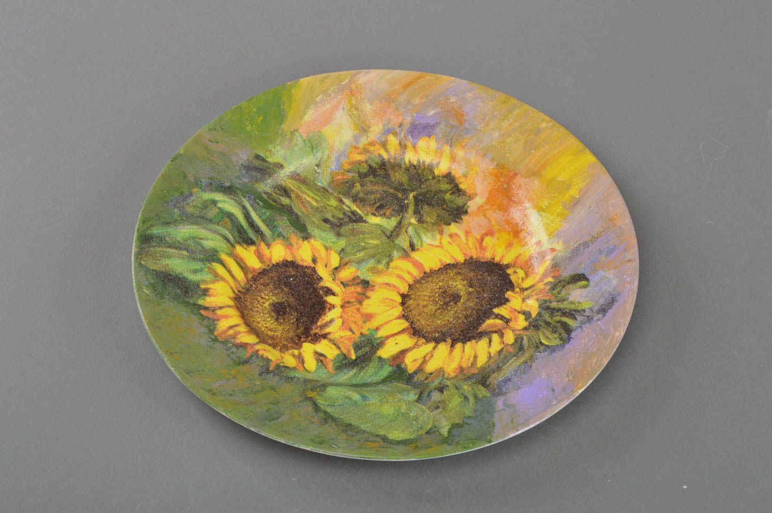 Decorative designer decoupage glass round plate handmade Sunflowers painted photo 1