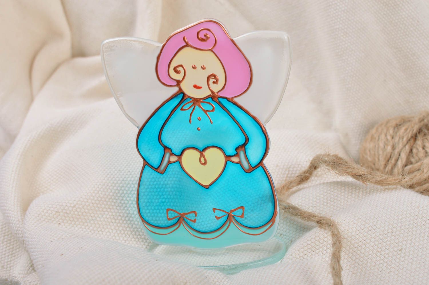 Handmade decorative small interior stained glass figurine of angel with heart photo 1