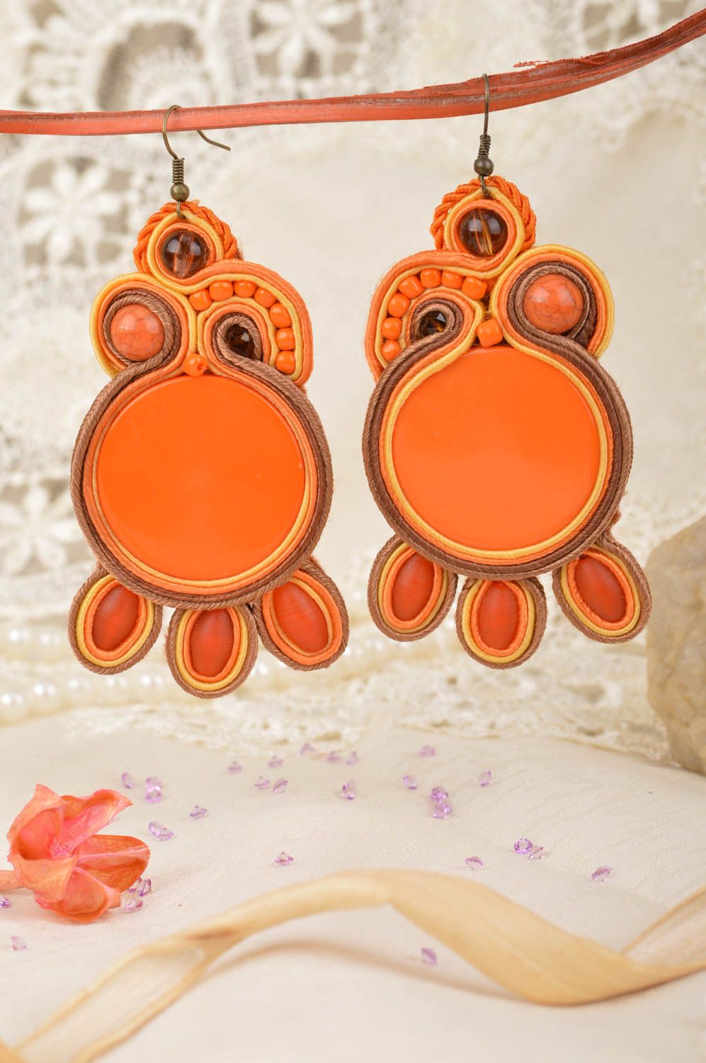 Unusual handmade long orange soutache earrings with beads designer jewelry photo 1