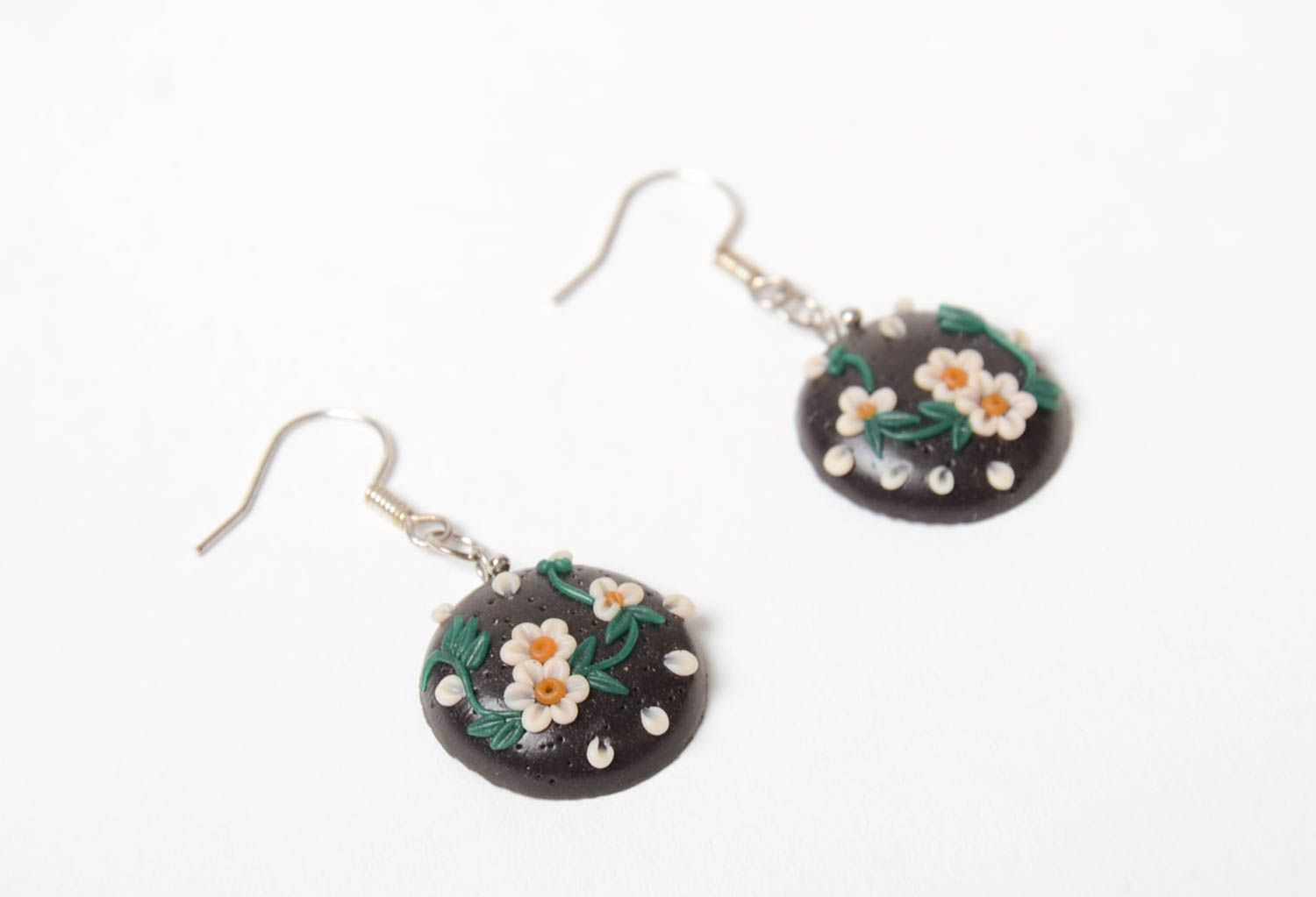 Handmade small round dangling earrings molded of polymer clay with flowers photo 3