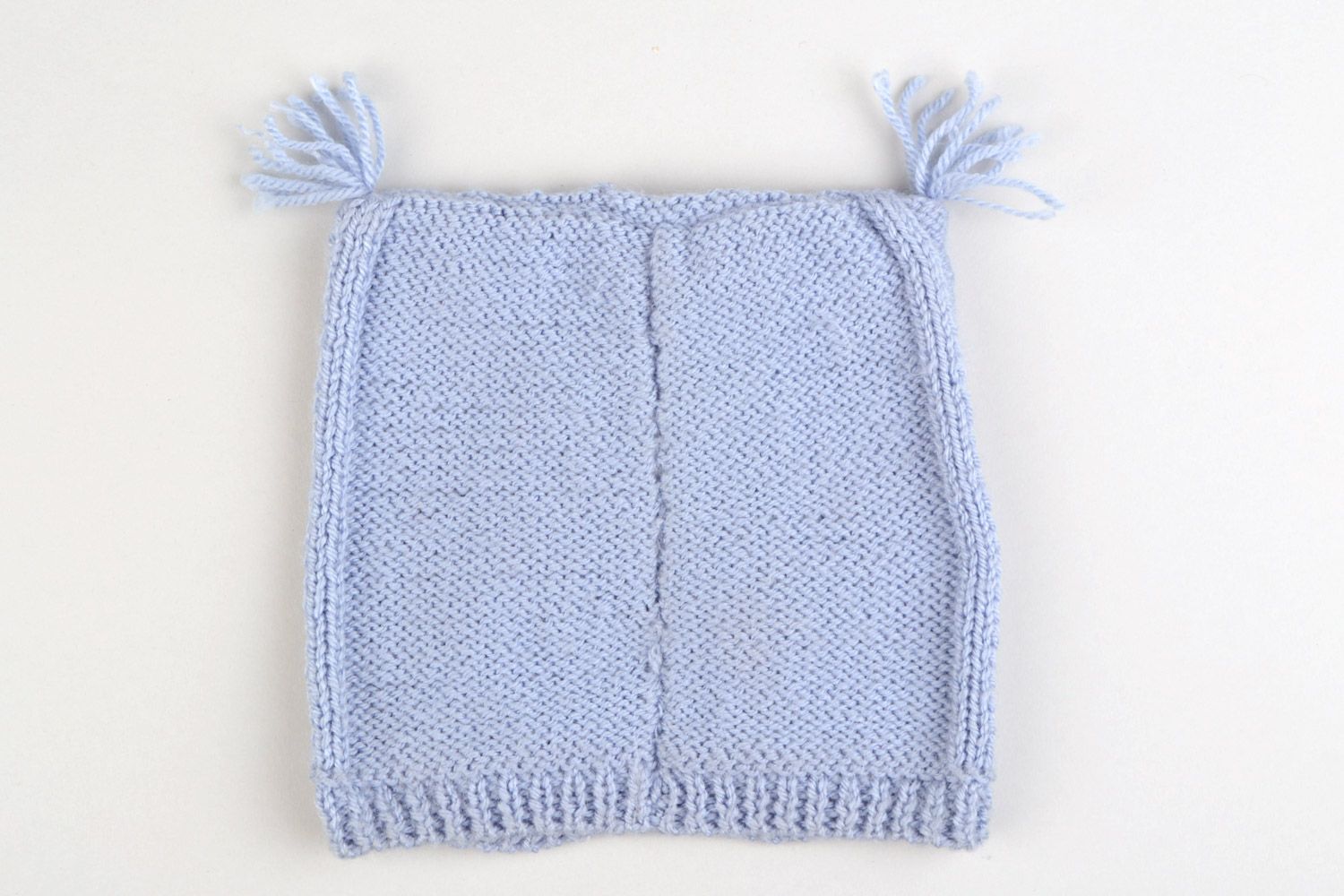 Rectangular handmade blue knitted hat for baby with owl pattern made of acrylic yarns photo 4
