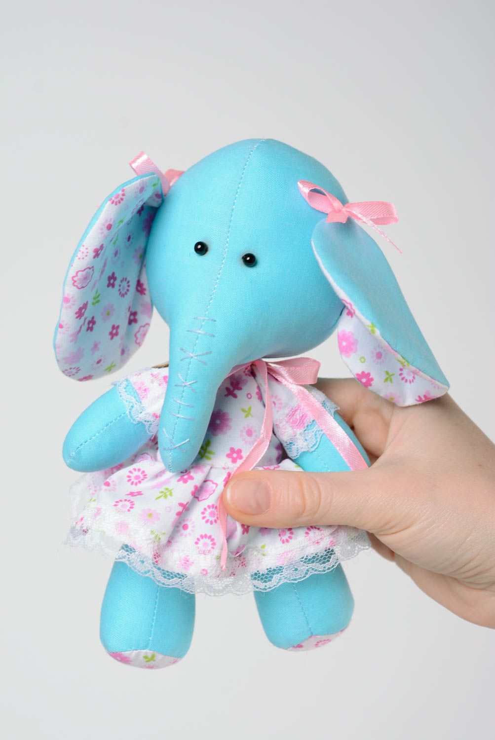 Handmade small cotton fabric soft toy blue elephant girl in floral dress photo 5