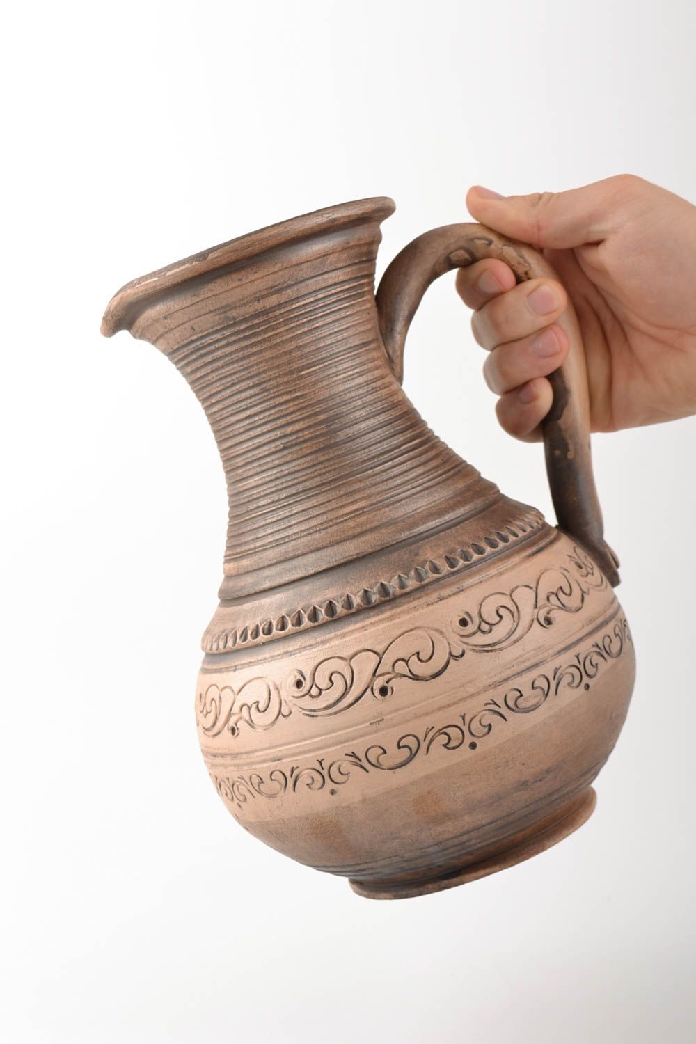 Grande cruche céramique 3 litres faite main avec ornements marron vaisselle photo 5