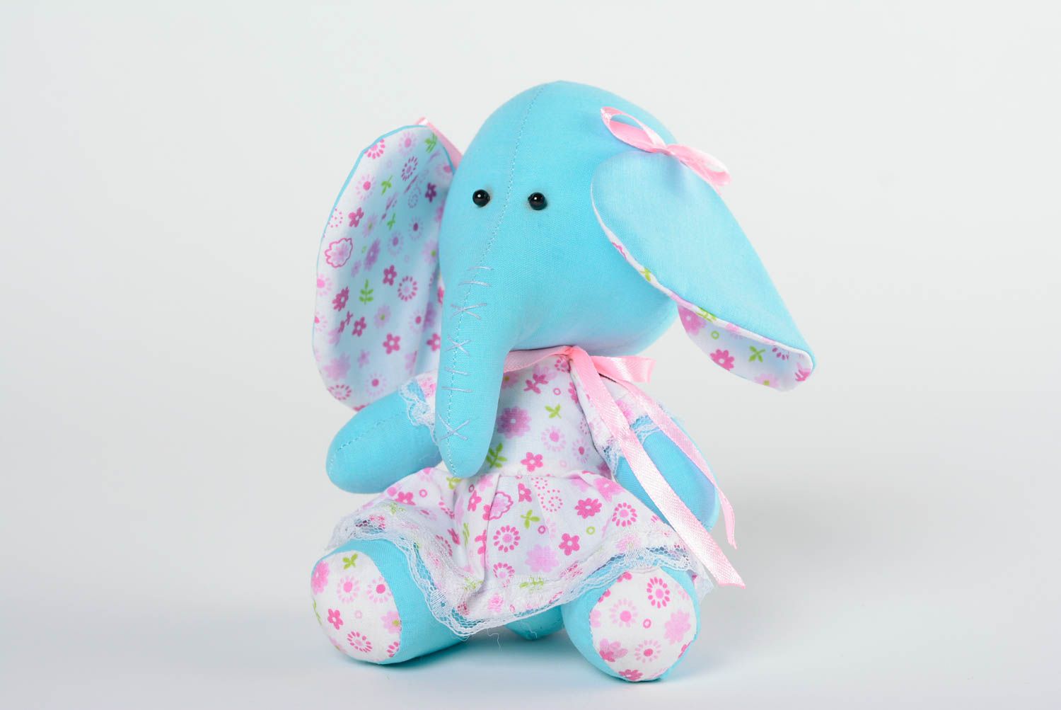 Handmade small cotton fabric soft toy blue elephant girl in floral dress photo 1