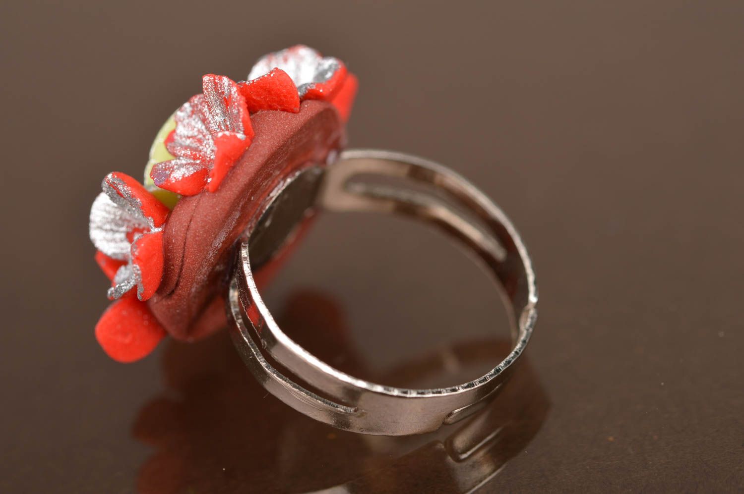 Handmade designer jewelry ring with metal basis and polymer clay flower red photo 4