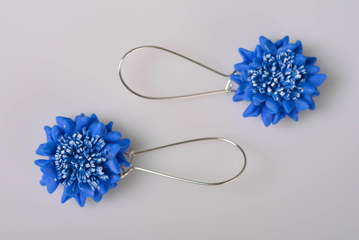 Handmade designer earrings with polymer clay blue cornflowers on metal basis photo 5