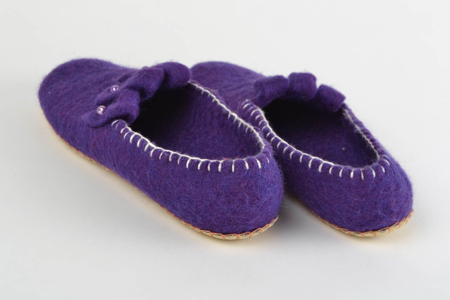 Purple stylish handmade decorative slippers for home made of natural wool photo 5