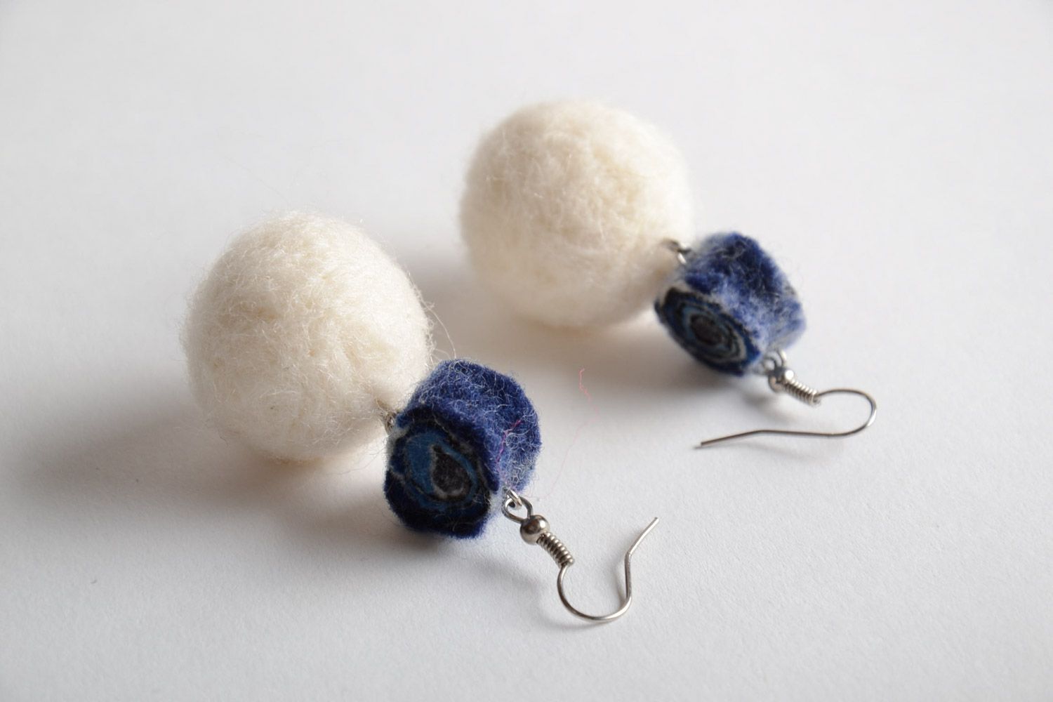 White and blue handmade long felted wool ball earrings for women photo 5