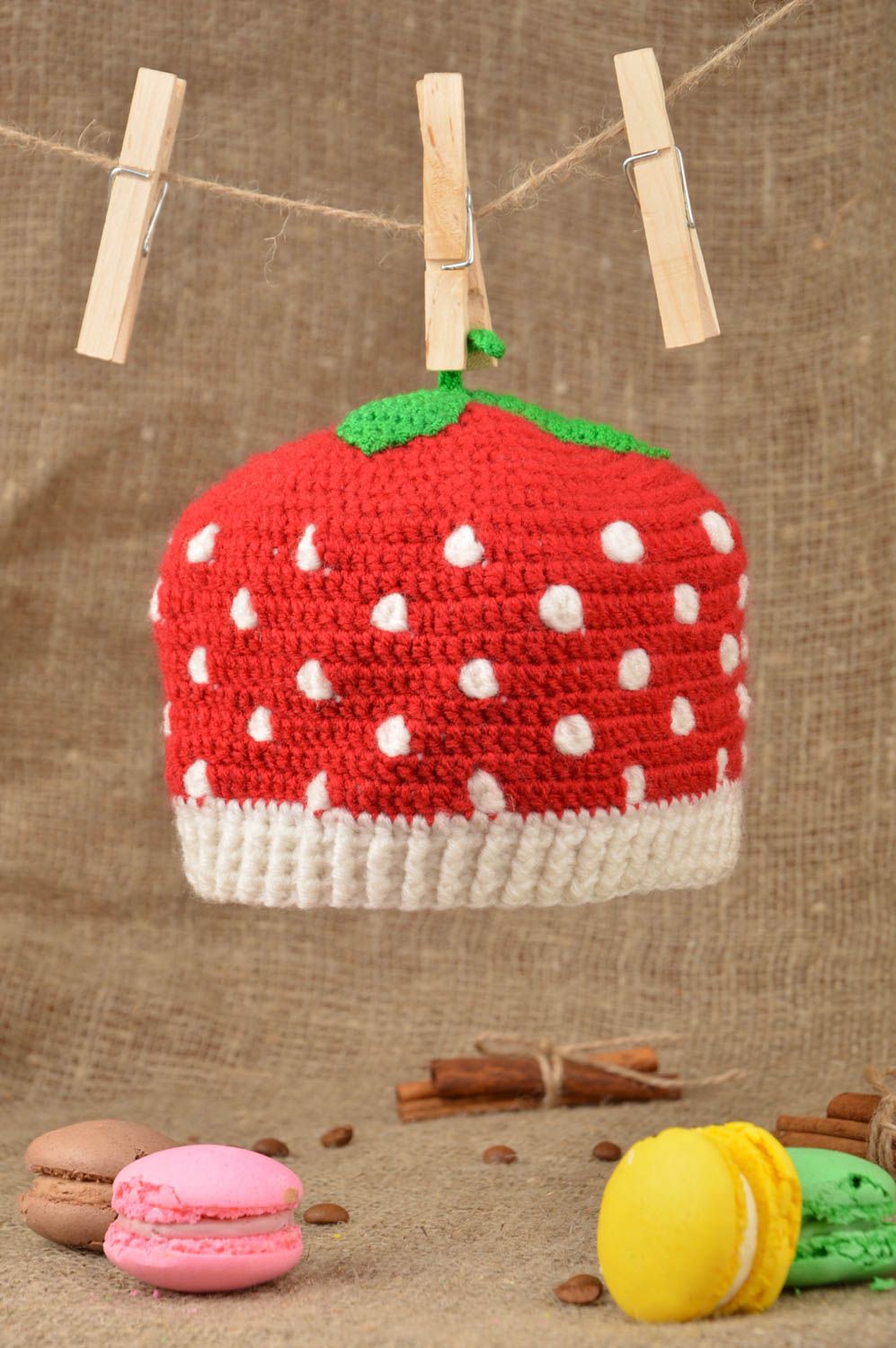 Handmade cute woven cap red strawberry cap beautiful accessories for kids photo 1