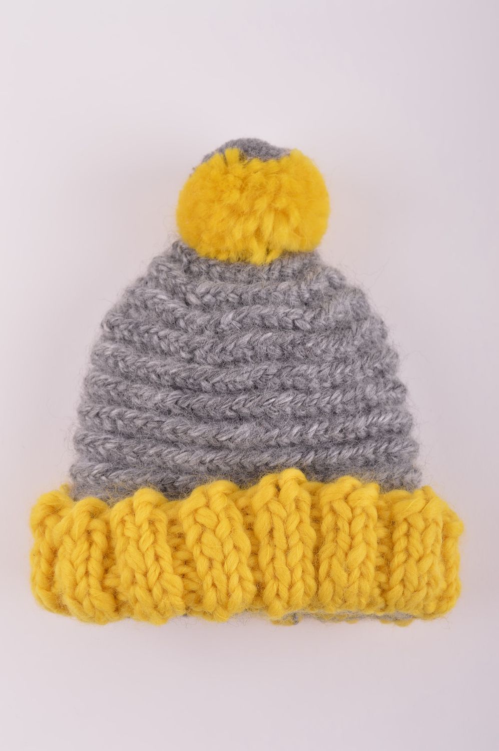Bonnet tricot fait main Chapeau chaud gris jaune laine acrylique Vêtement femme photo 4