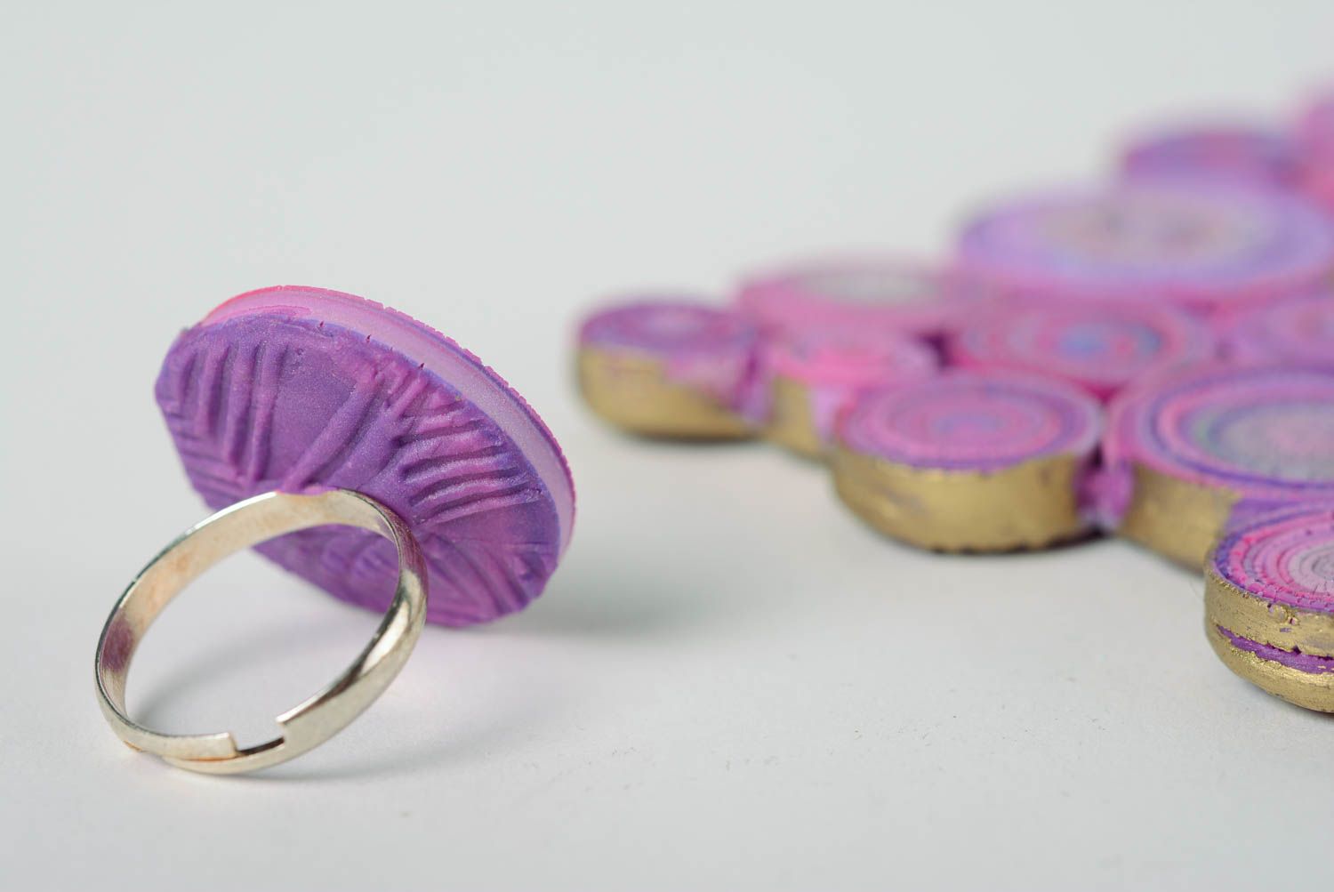 Set of handmade violet polymer clay jewelry necklace and round ring 2 items photo 4