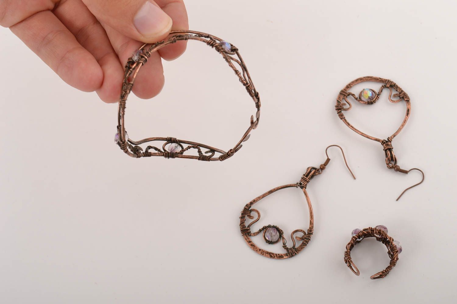 Handmade bracelet long earrings designer ring jewelry set copper accessories photo 5