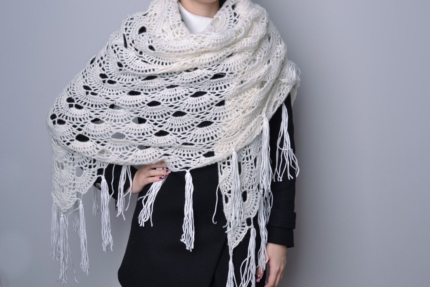 Warm lacy handmade women's shawl crocheted of white semi-woolen threads photo 1