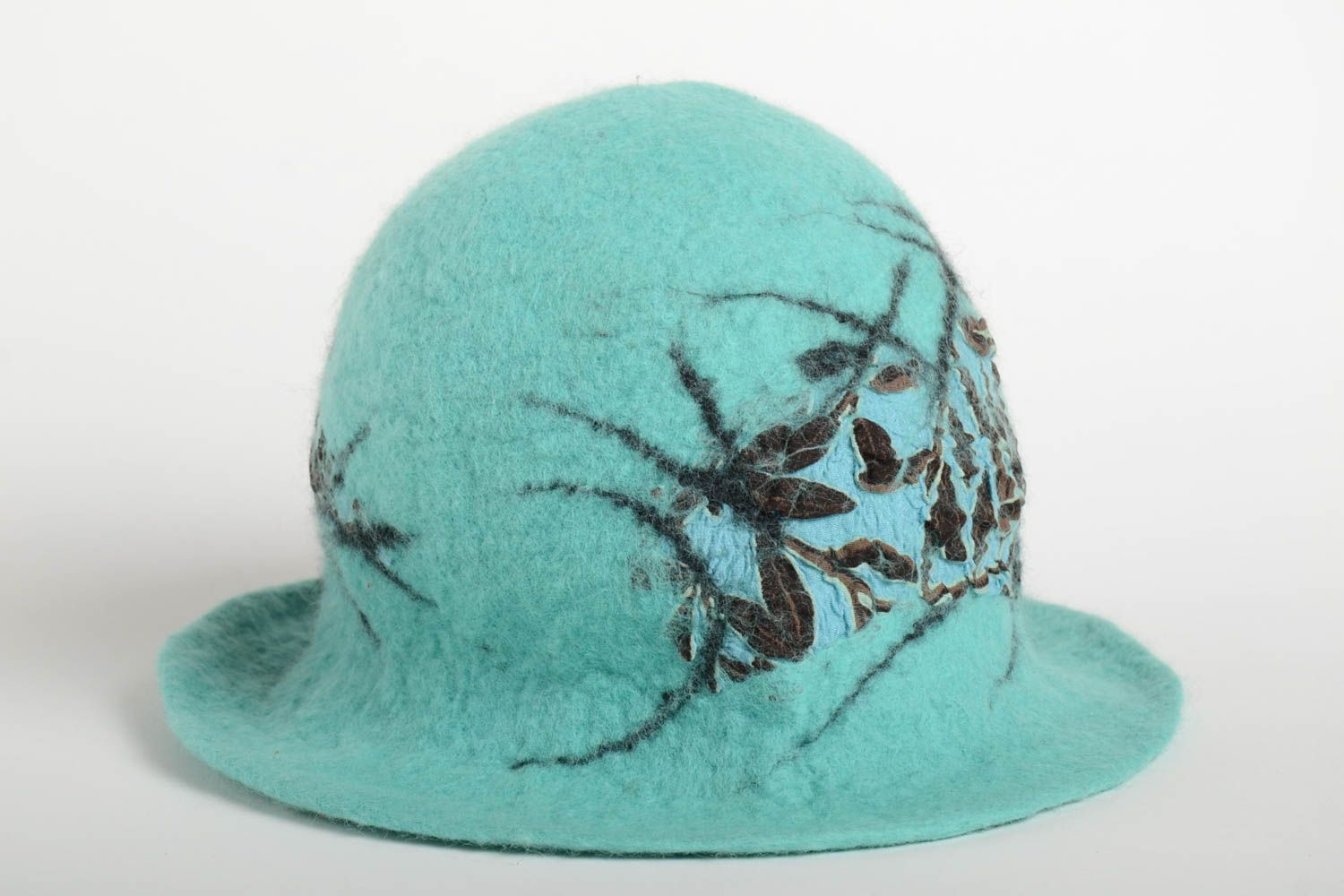 Chapeau fait main Bonnet en laine feutrée turquoise à motif noir Vêtement femme photo 2