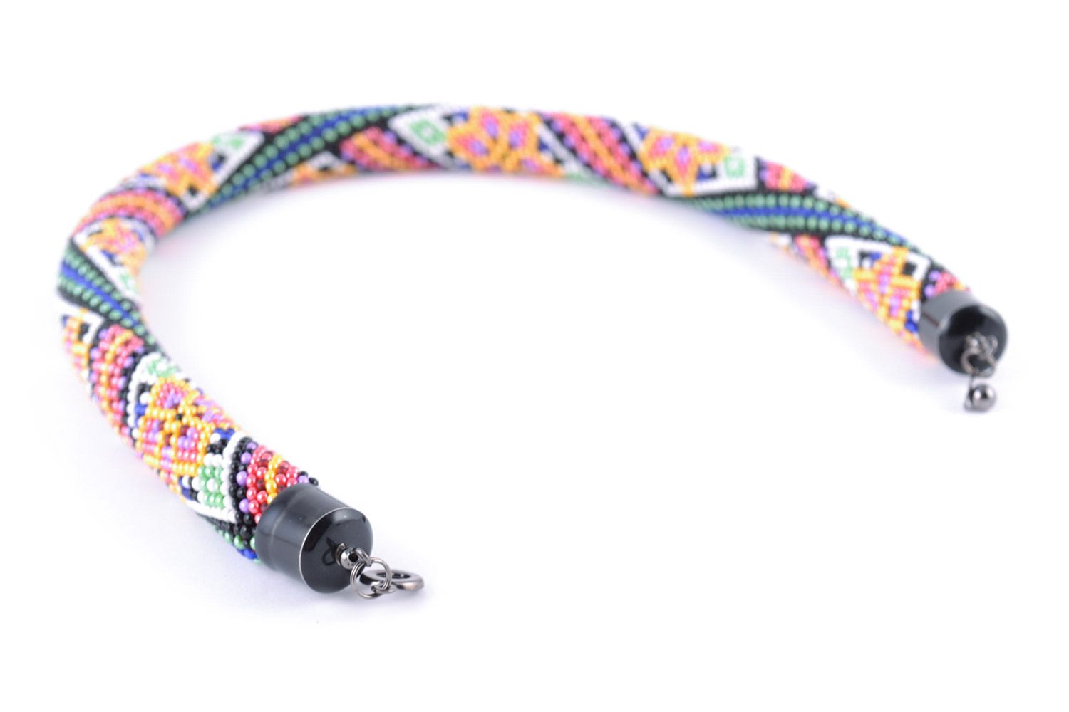 Handmade colorful women's cord necklace woven of beads with geometric ornament photo 5