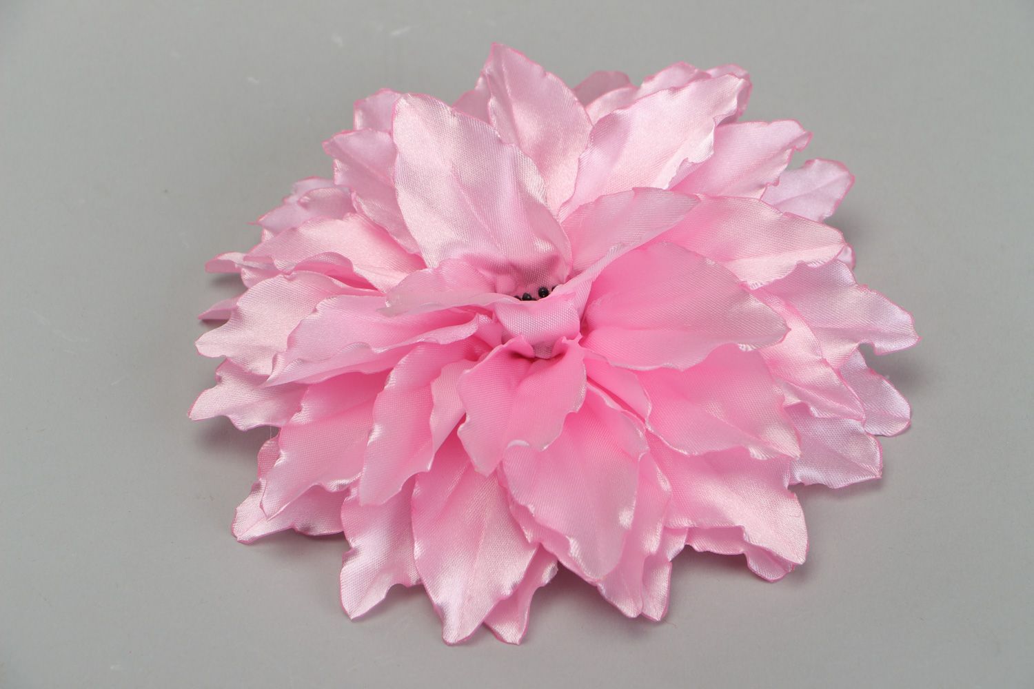 Large handmade hair clip made of satin fabric in the shape of pink flower photo 1