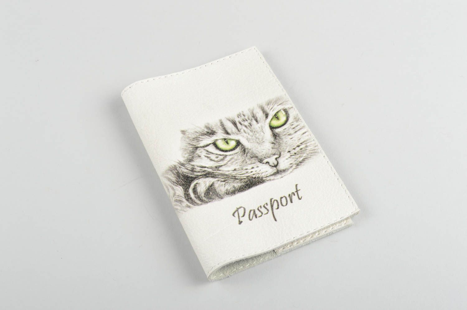Protège-passeport fait main Couverture passeport cuir blanc chat Idée cadeau photo 2