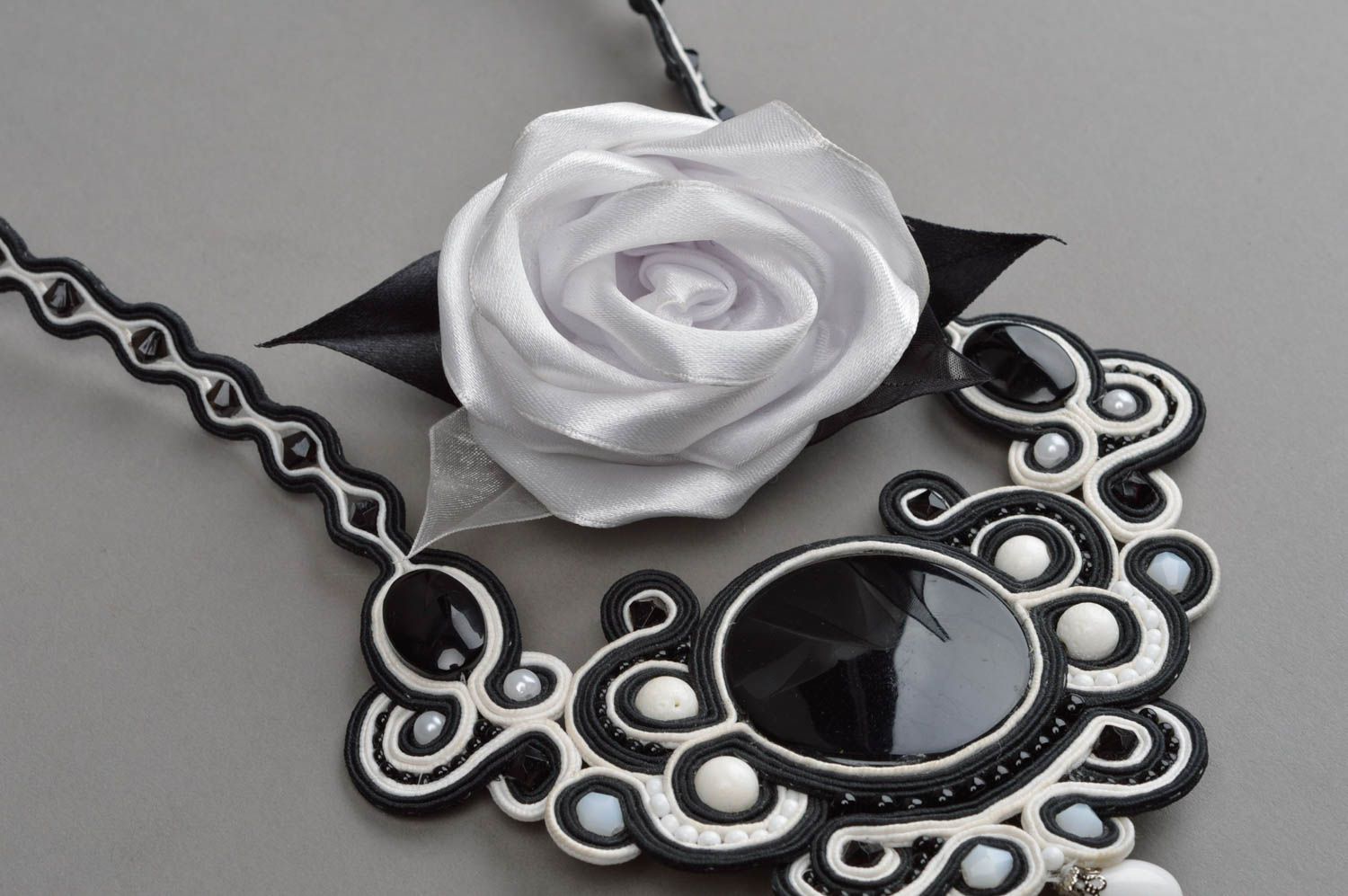 Set of soutache jewelry necklace and brooch handmade necklace stylish brooch photo 4