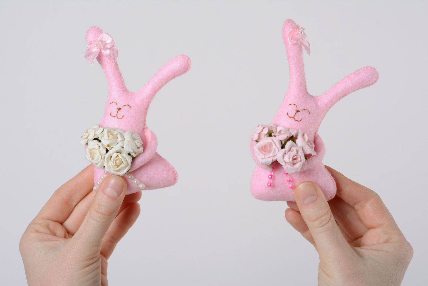 Handmade designer small soft toy bunnies in pink colors set of 2 pieces gift for baby photo 4