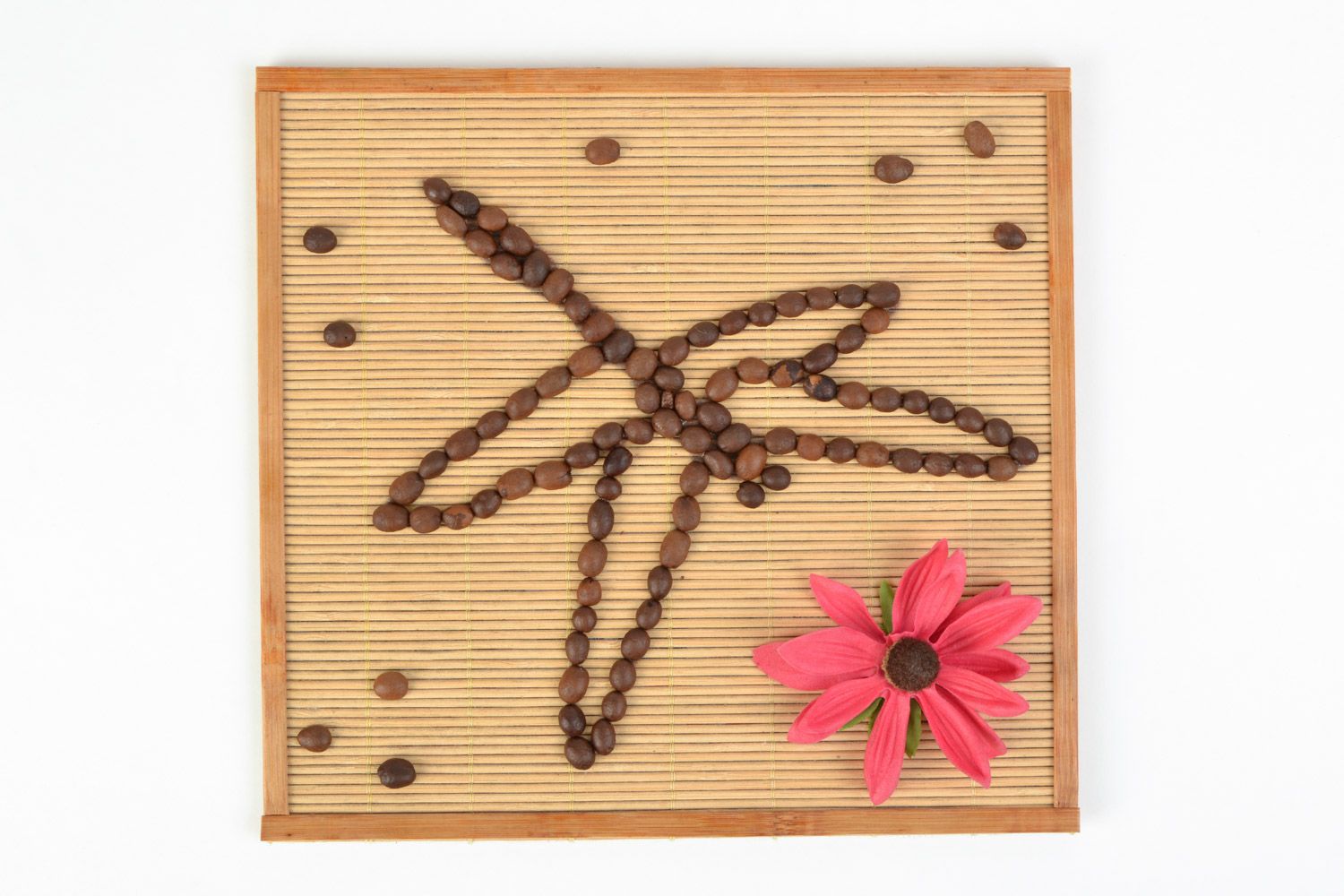 Handmade decorative wall hanging panel with bamboo and coffee beans Dragonfly photo 3