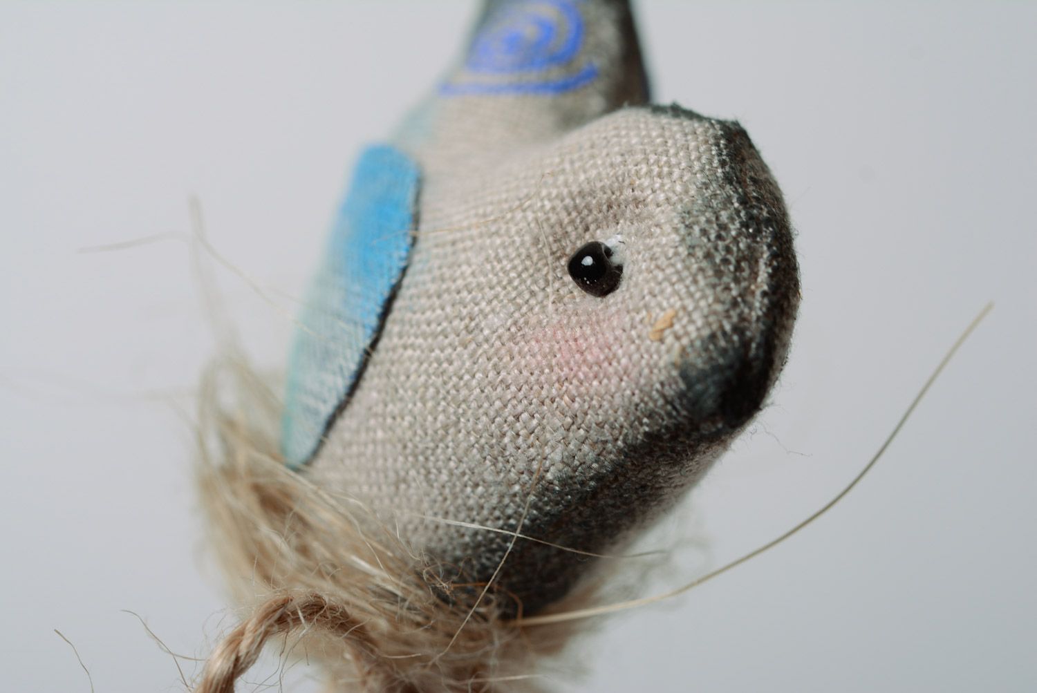 Handmade gray linen textile bird on stick for flowerpot photo 4
