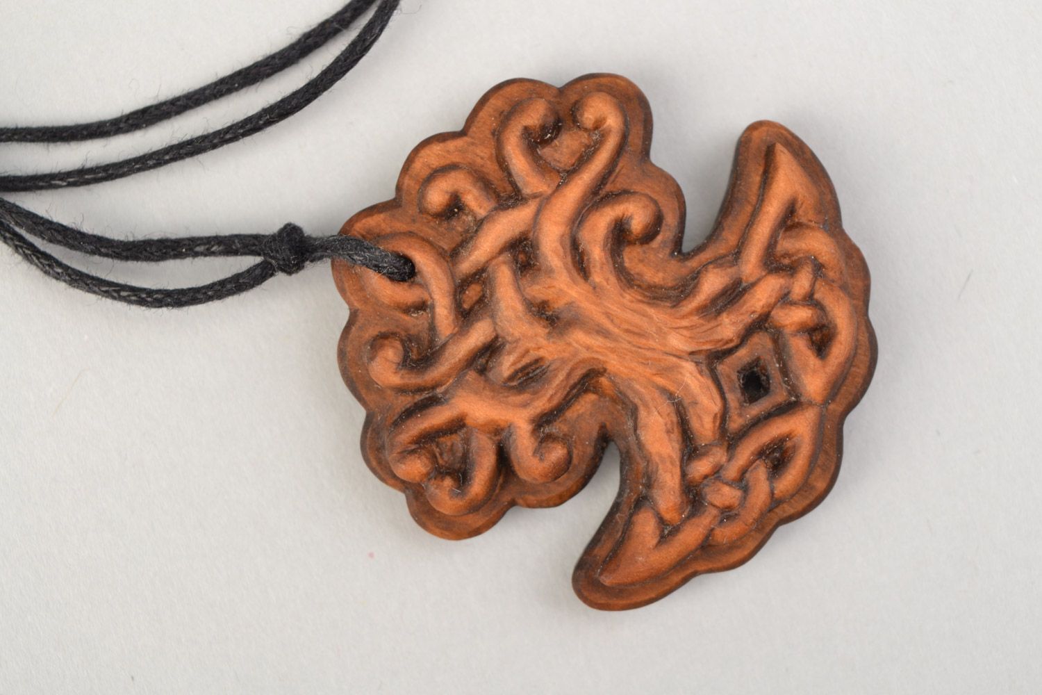 Handmade carved wooden pendant of unusual shape on waxed cord unisex photo 4