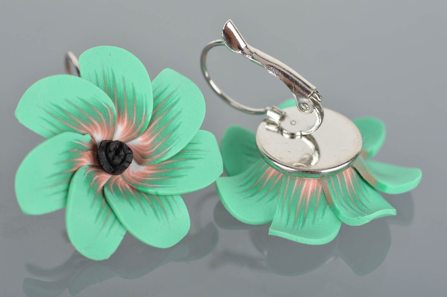 Handmade green big beautiful cute flower earrings made of polymer clay  photo 5