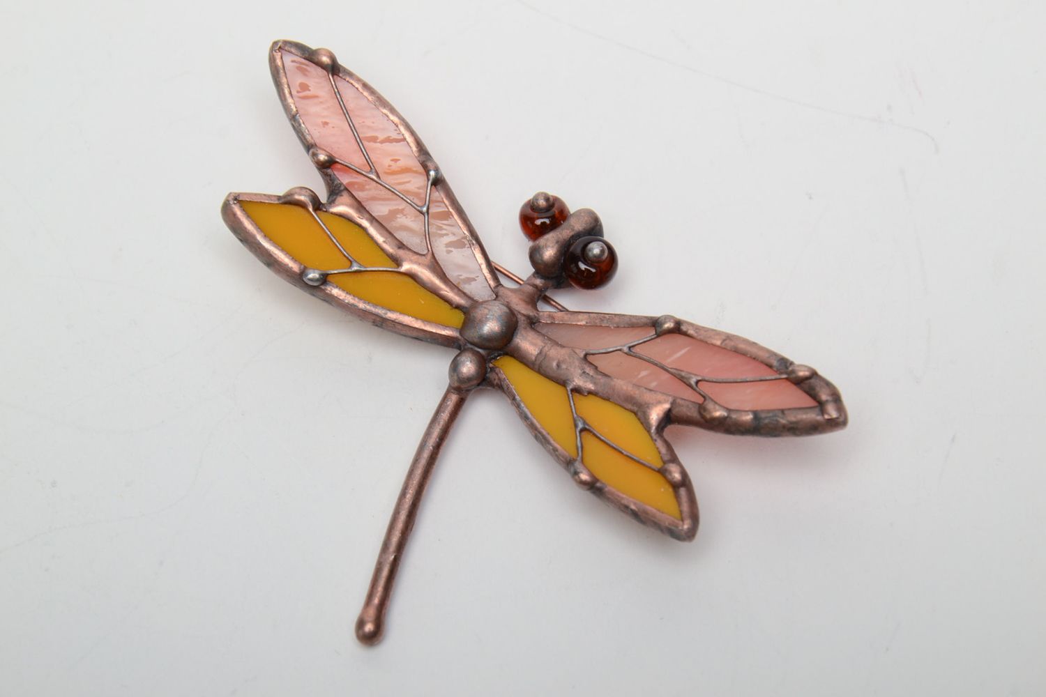 Unusual stained glass brooch in the shape of dragonfly photo 3